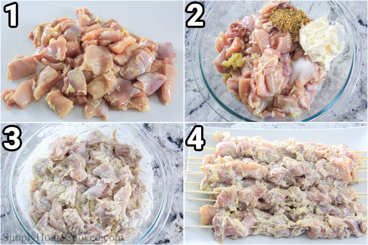 These Baked Chicken Skewers in the Oven are an excellent healthier dish made with succulent chicken thighs and a mild seasoning with breadcrumb covering. #chickenskewers #coatedchicken #plainchicken #simplechicken #chickenkebabs #chickenskewers Steps to make Coated Chicken Skewers: cut the chicken into pieces, then marinate it in garlic, mayo, and seasoning, then skewer it.