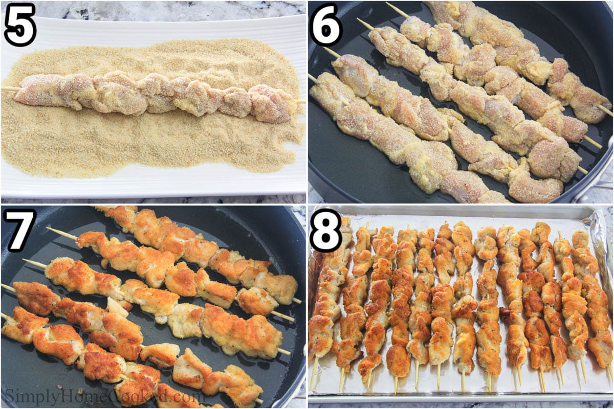 Steps to make Coated Chicken Skewers: coat the chicken skewers in Parmesan and breadcrumbs, then fry them until golden brown and finish by baking them in the oven.