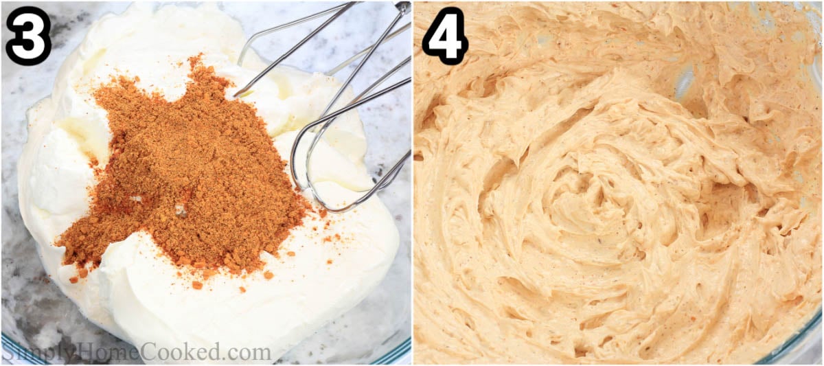 Steps to create 7 Super Pos Dip: mix the taco seasoning with the sour cream and cream cheese using an electric hand mixer until thoroughly combined.