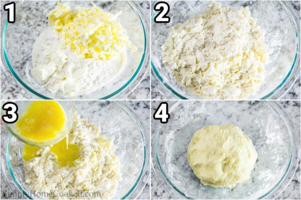 Steps to make Quiche Lorraine: fuse the butter, cream cheese, flour, and salt together before appending the eggs to create the pie dough.