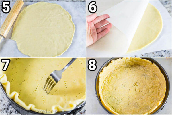 Steps to make Quiche Lorraine: deploy the dough, wrap it in parchment paper, then pierce it with a fork once it's in the pie tin before baking.