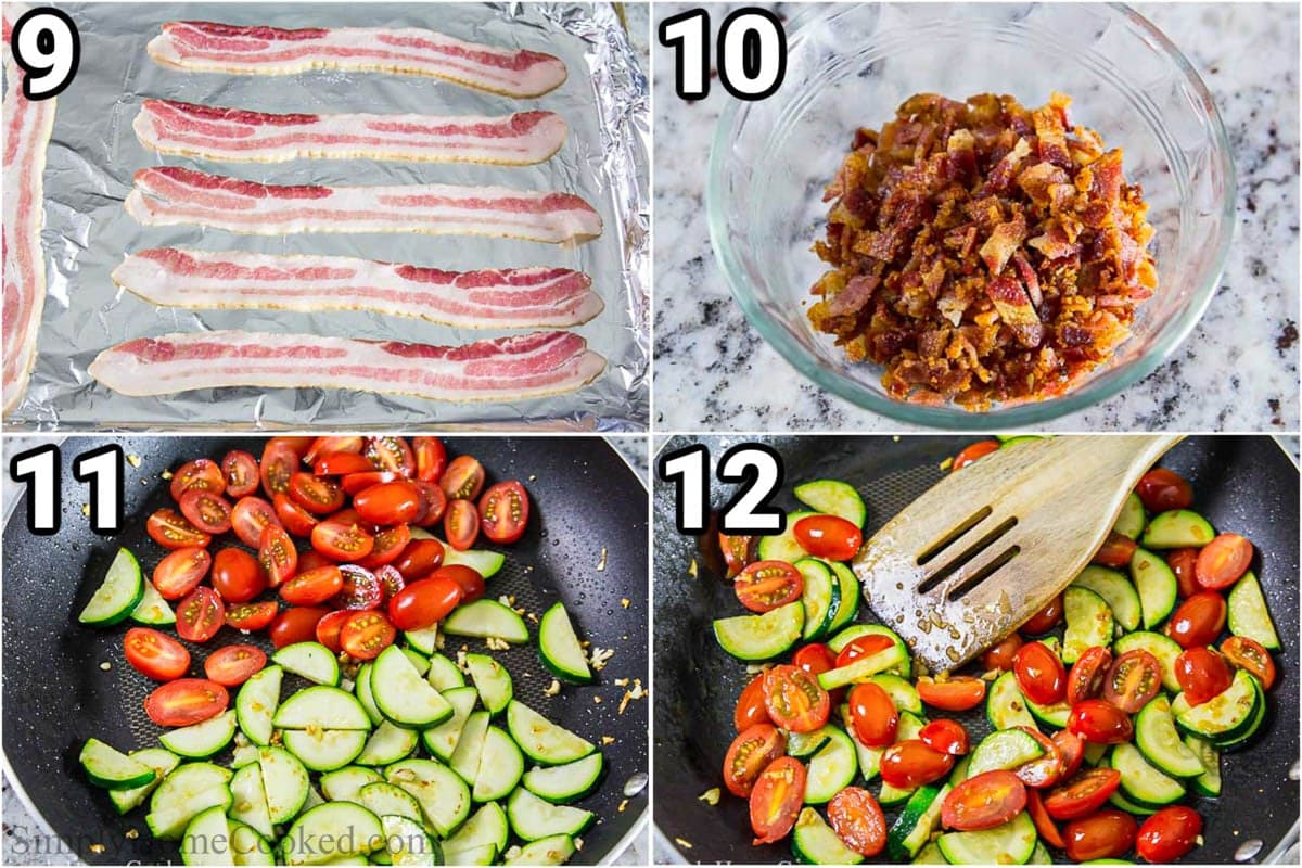 This vegetable-loaded quiche Lorraine recipe is bursting with amazing flavor from all the pan-seared veggies, crispy bacon bits, and melted cheese. #quiche #quicheLorraine #lorraine #quicherecipe #breakfastpie #savorypie Steps to make Quiche Lorraine: cook and chop the bacon, then sauté the zucchini and cherry tomatoes.