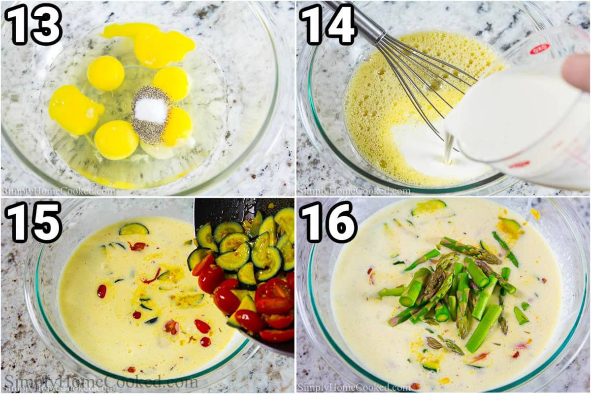 Étapes pour préparer la Quiche Lorraine : mélanger les œufs avec du sel et du poivre, ajouter de la crème épaisse, puis ajouter les tomates, les courgettes, les asperges et le fromage.