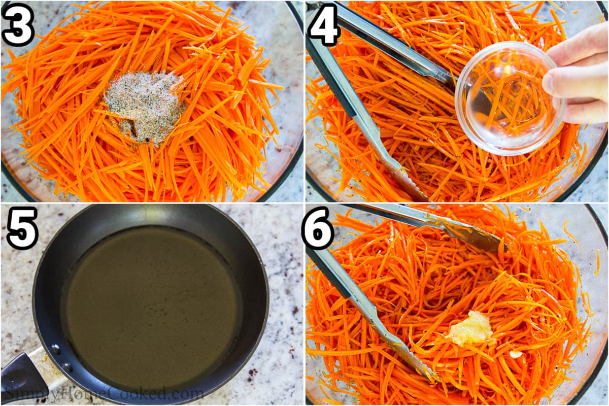 Steps to create Grated Carrot Salad: add the spices to shredded carrots, then toss with tongs, adding the oil, vinegar, and grated garlic.