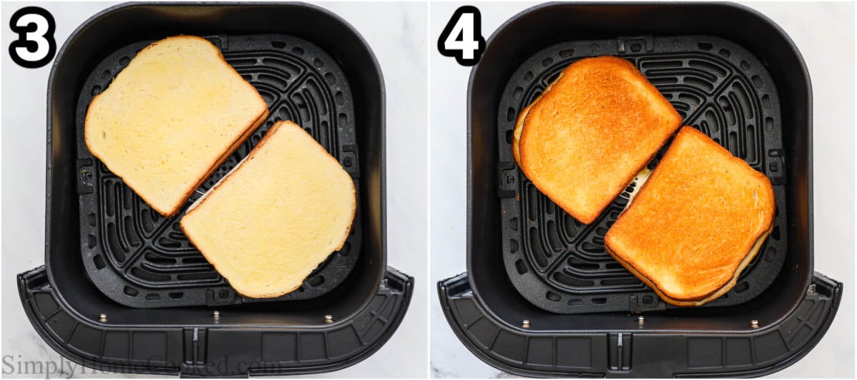 Steps for making Air Fryer Cheese on Toast: place them in the air fryer and cook until golden brown.
