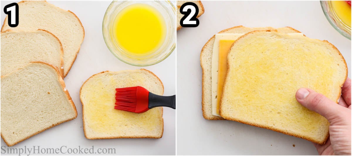Steps for making Air Fryer Cheese on Toast: butter bread with a pastry brush, then add cheese.