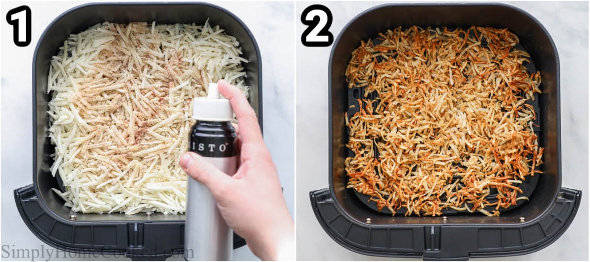 Steps to craft Crispy Air Fryer Hash Browns: spritz the hash browns with oil and then season them with paprika, garlic powder, salt, and pepper, and then air fry them.