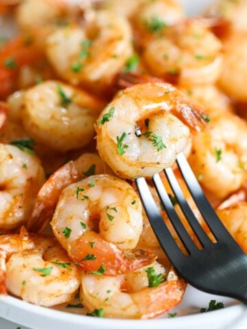 Vertical image of Air Fryer Shrimp on a fork