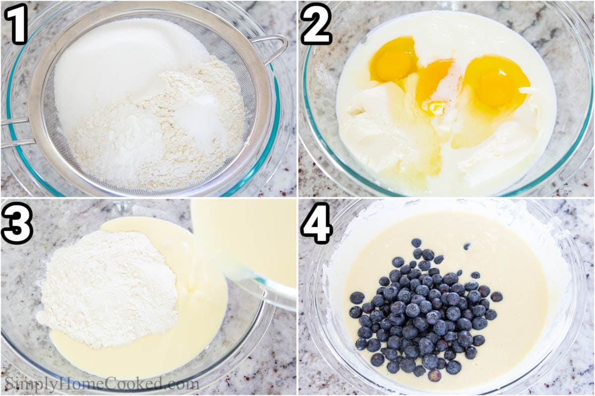 Steps for making Ricotta Blueberry Crepes: sifting the flour, leavening powder, carbonate of soda, and sugar together, then mixing the eggs, buttermilk, and ricotta cheese. Finally, combining the dry and wet ingredients with the fresh blueberries.