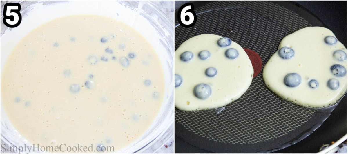 Steps for making Ricotta Blueberry Crepes: mix the batter and then cook the crepes on a hot pan.