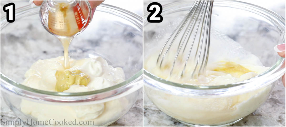 Steps to create Cauliflower Salad with Bacon and Cheese: whisk together the mayo, sour cream, dijon mustard, vinegar, and sugar in a bowl.