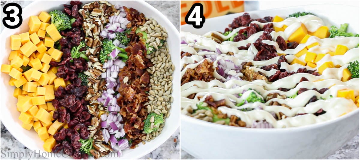 Steps to create Cauliflower Salad with Bacon and Cheese: assemble all the vegetables, cheese, nuts, seeds, and bacon in a bowl in neat rows, then pour over the dressing.