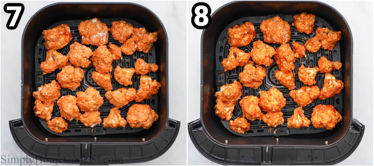 Steps to make Spicy Air Fryer Buffalo Cauliflower: placing the cauliflower in the air fryer basket for cooking.