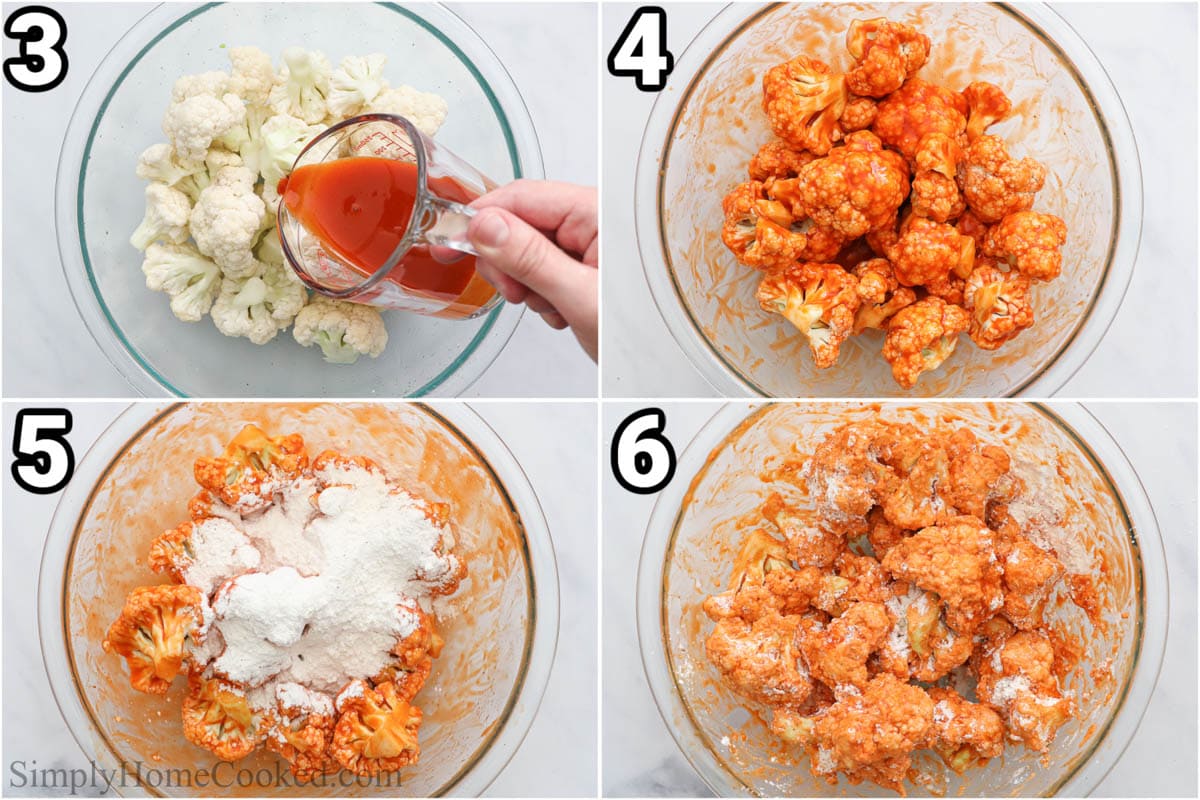 Steps to make Spicy Air Fryer Buffalo Cauliflower: adding hot sauce and oil to the cauliflower, mixing, then adding flour and mixing again.