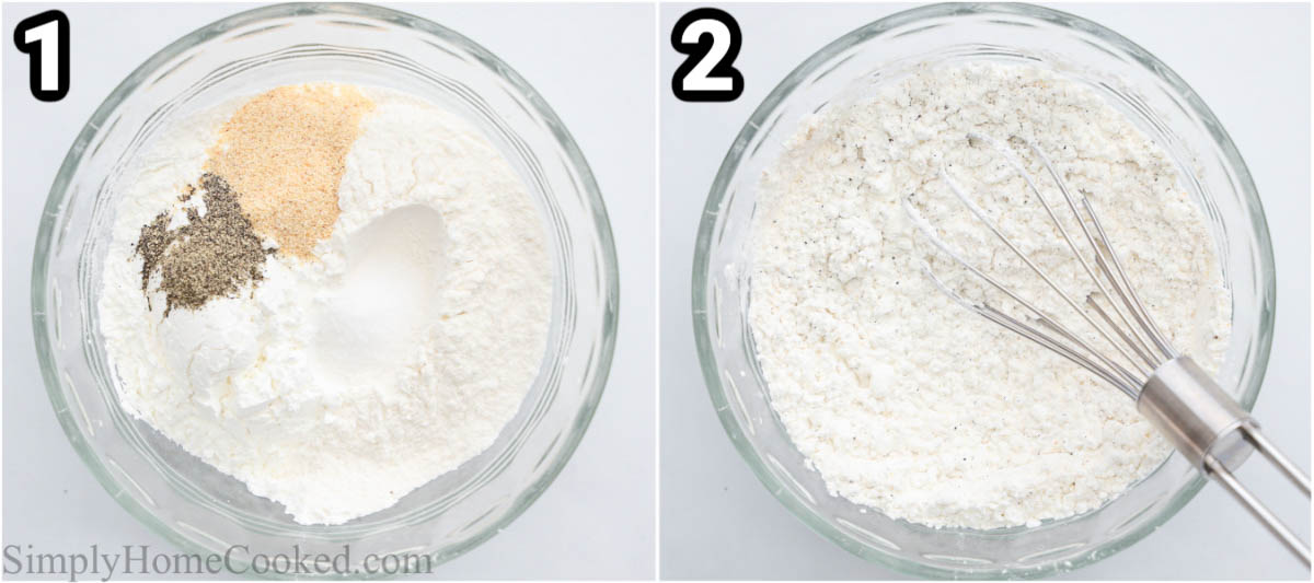 Steps to make Spicy Air Fryer Buffalo Cauliflower: mixing flour and seasonings with a whisk.
