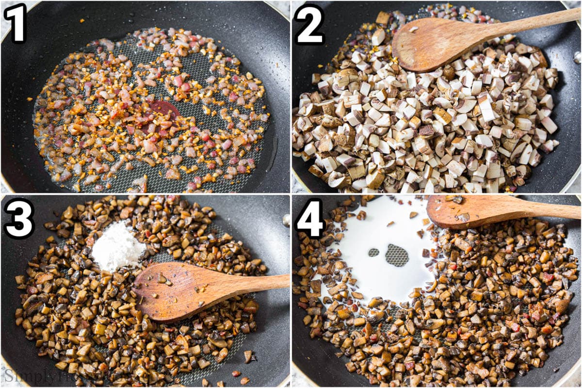 Steps to create Chicken Croquettes: cook the bacon and garlic, then add the mushrooms, then mix in the flour and milk.