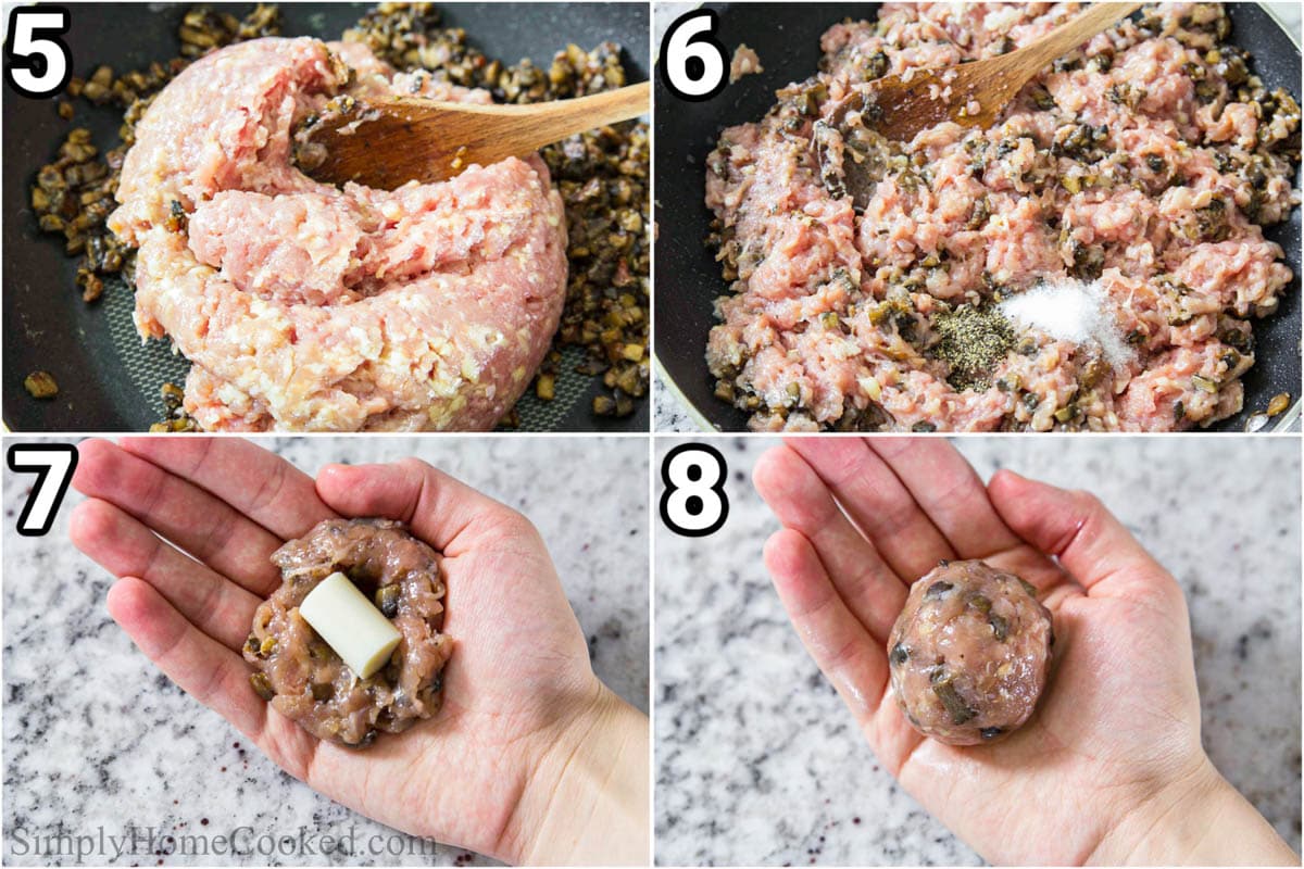 Steps to create Chicken Croquettes: stir the minced chicken into the mushroom mix, add salt and pepper, then start rolling the meat into a ball to stuff with mozzarella cheese.