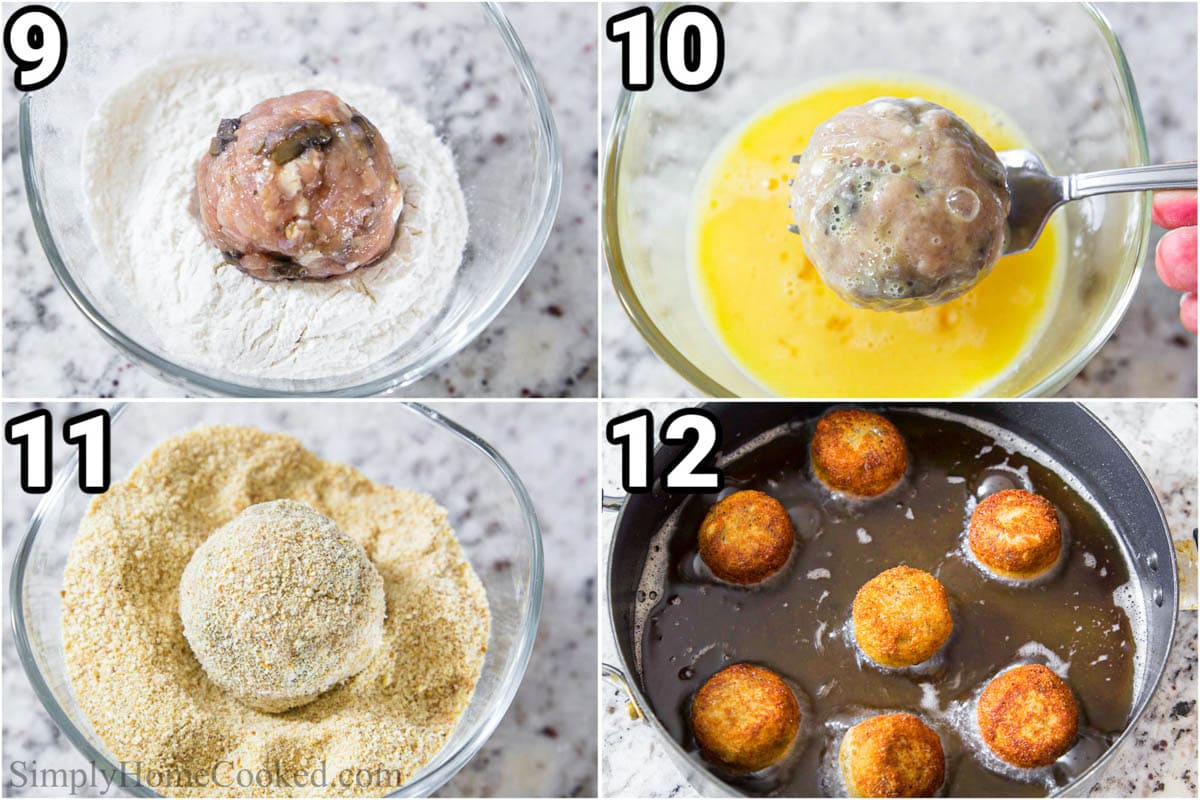 Steps to create Chicken Croquettes: coat the meatballs in flour, then egg, then breadcrumbs, and fry them.