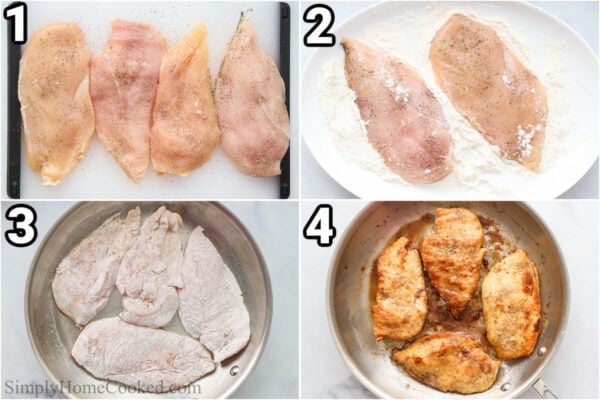 Steps to make Poultry Florentine: season and flour coat the poultry, then pan sear it.