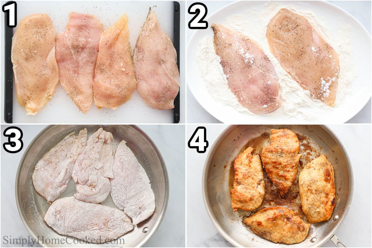 Étapes pour faire du Poulet Florentin : assaisonner et enrober de farine le poulet, puis le faire revenir à la poêle.
