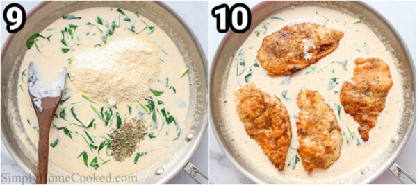 Steps to make Poultry Florentine: add Parmesan cheese and Mediterranean seasonings to the creamy sauce, then reintroduce the poultry.