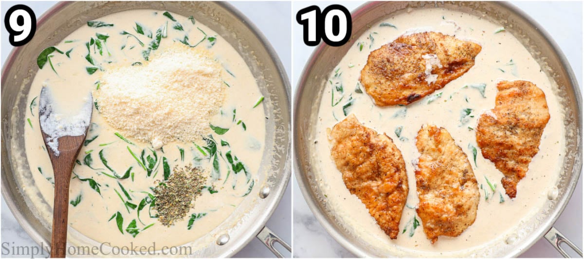 Étapes pour préparer un Poulet Florentin : ajouter du fromage Parmesan et des assaisonnements italiens à la sauce crémeuse, puis remettre le poulet dans la poêle.