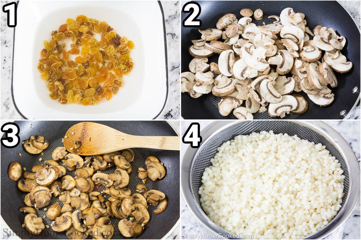 Étapes pour réaliser la Salade de Couscous à la Roquette : tremper les raisins dans de l'eau, faire sauter les champignons dans une poêle, puis cuire le couscous.