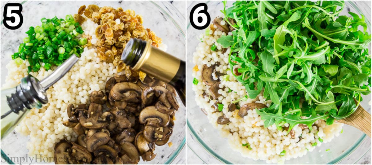 Étapes pour réaliser la Salade de Couscous à la Roquette : assembler les oignons verts, les raisins, les champignons, et le couscous, puis ajouter la roquette, l'huile et le vinaigre.