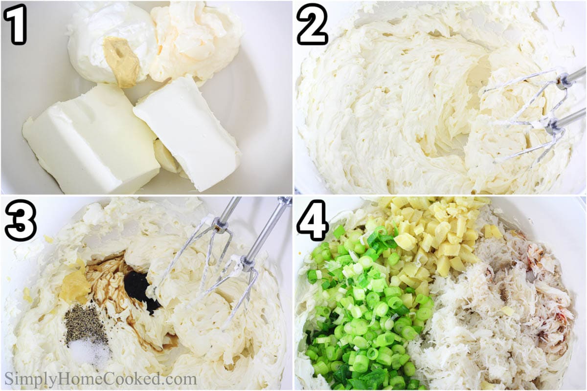 This homemade crab artichoke dip is an easy, but tasty appetizer that you can bring out at any get-together. Thick and creamy, it's a yummy blend of three cheeses, crab meat, artichokes, and green onion. #crabspinachartichokedip #crabartichokepartydip #homemadeartichokedipappetizer #easyappetizerdiprecipe Steps to make Artichoke and Crab Dip: combine the sour ream, mayonnaise and cream cheese with an electric hand mixer, then add the salt, pepper, and garlic, and finally the crab meat, artichokes, and green onion.