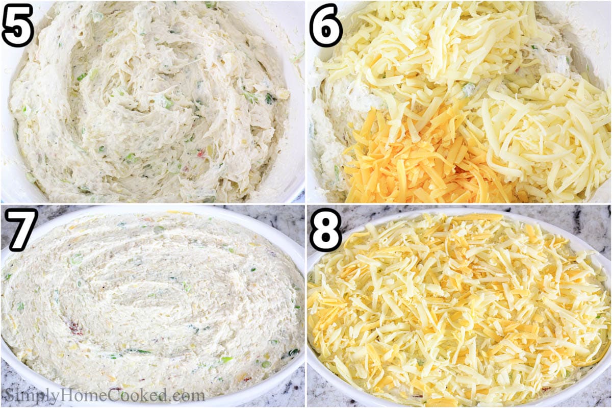 Steps to make Artichoke and Crab Dip: add in the monterey jack, fontina, and cheddar cheeses, mix thoroughly, and bake.