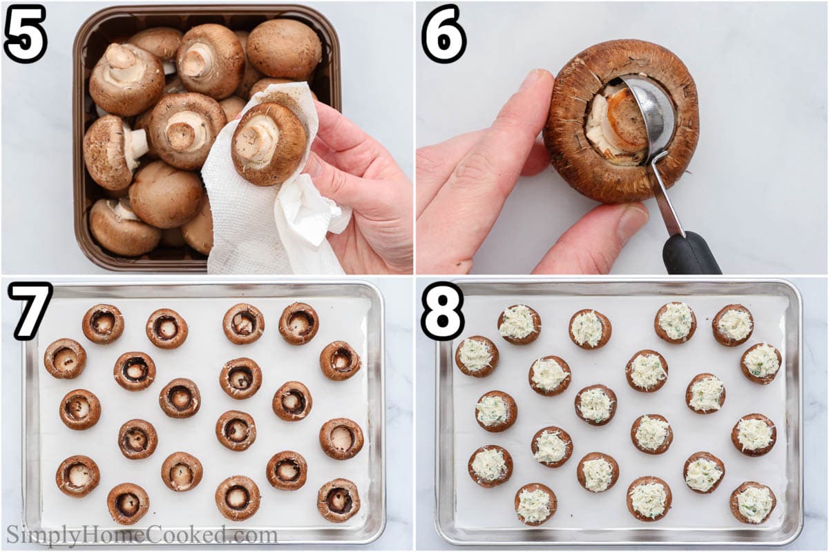 Guidelines to create Crab Stuffed Mushrooms: cleanse the champignons with a moist towel, then scoop out their stems and gills with a melon baller and finally stuff them on a baking sheet.