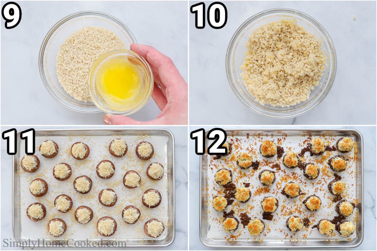 Guidelines to create Crab Stuffed Mushrooms: form the filling by combining butter and Panko breadcrumbs in a bowl, then sprinkle it on top of the stuffed champignons and bake.