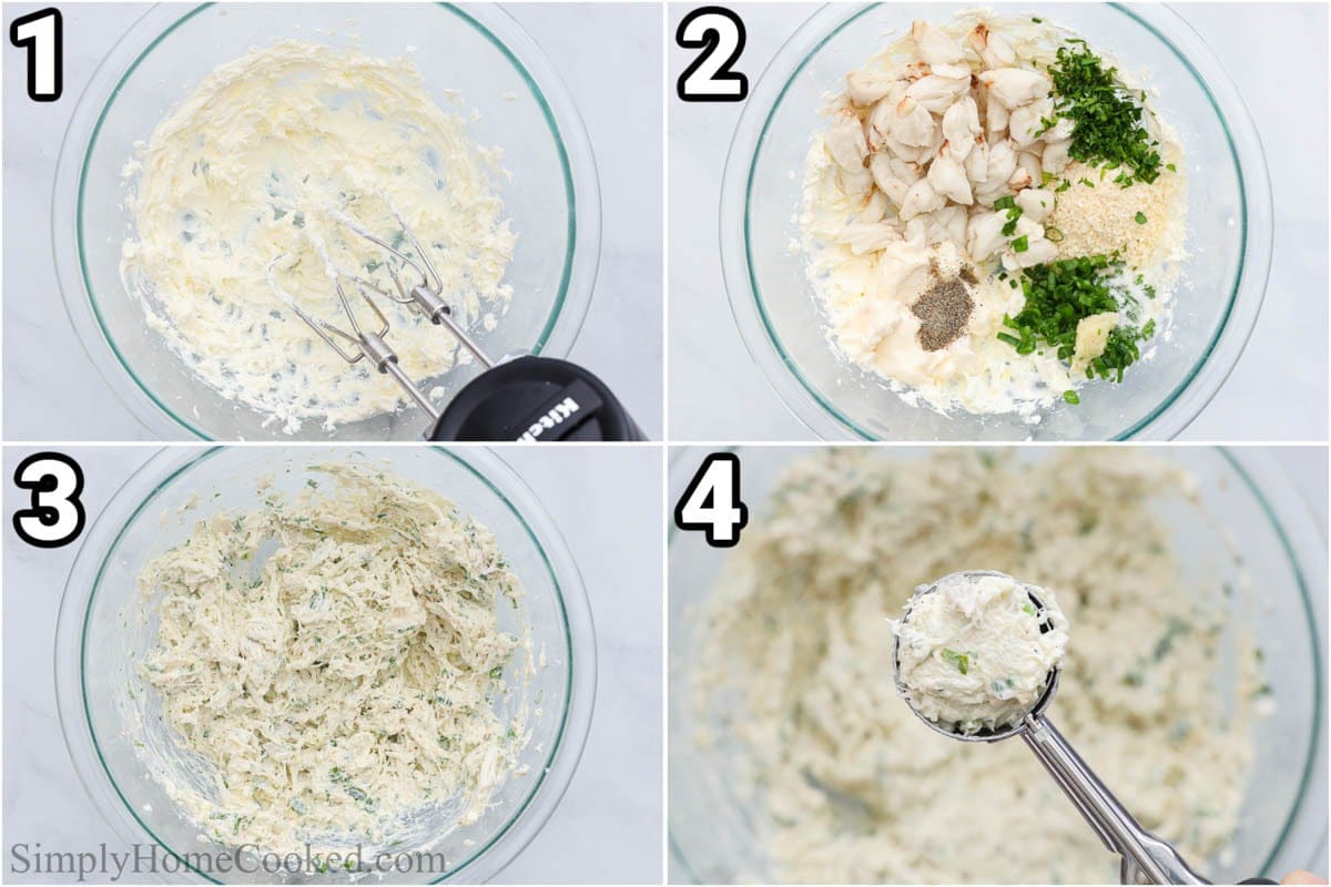 Guidelines to create Crab Stuffed Mushrooms: blend the softened creamy cheese with an electric mixer, then add the crustacean meat, parsley, green onion, salt, pepper, and mayo, before scooping it to fill the champignons.
