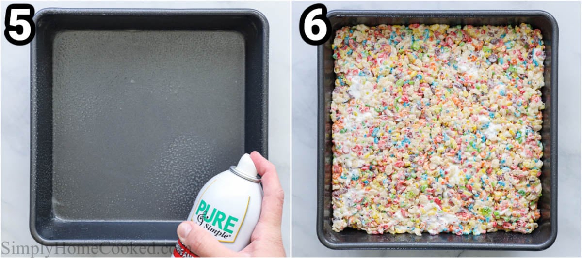 Steps to make Fruity Pebbles Delicacies: spray the pan with cooking spray and then press the marshmallow and cereal mixture into it and let cool.