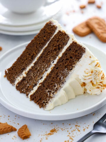 a portion of Gingerbread Cake on a white plate