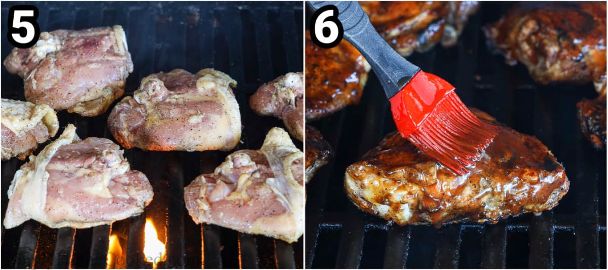 Steps to make Grilled Barbecue Chicken Thighs: grill the chicken skin side down, then flip and brush on barbecue sauce at the end.