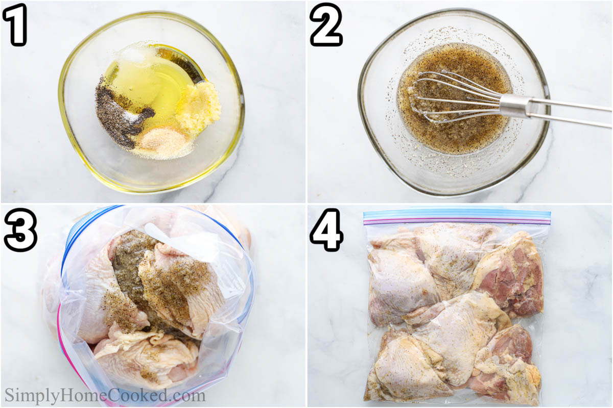 Steps to make Grilled Barbecue Chicken Thighs: combine the oil, seasonings, and garlic for the marinade with a whisk, then add it to the chicken in a ziplock bag to marinate.