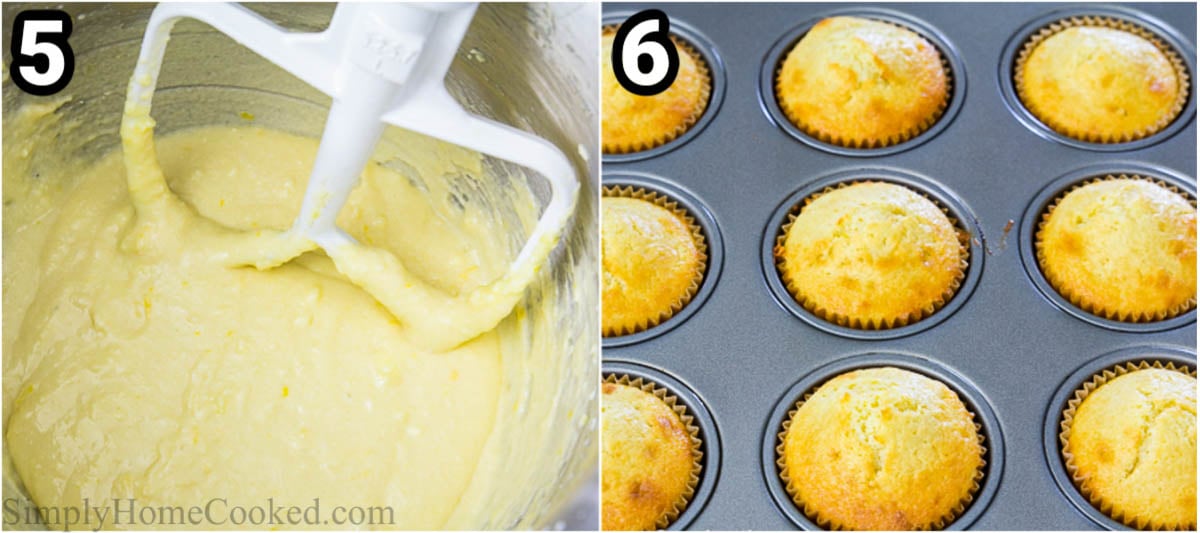 Étapes pour réaliser des Cupcakes au Citron Framboise : mélangez la pâte et versez-la dans des moules à muffins et faites cuire.