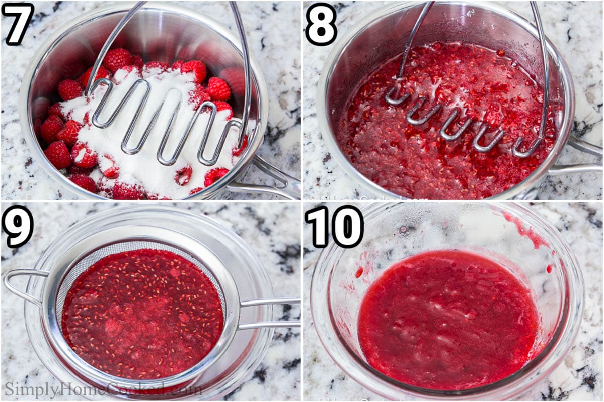 Étapes pour réaliser des Cupcakes au Citron Framboise : cuisez les framboises avec le sucre et écrasez-les jusqu'à ce qu'elles soient épaisses et lisses, puis versez-les à travers un tamis pour se débarrasser des graines.