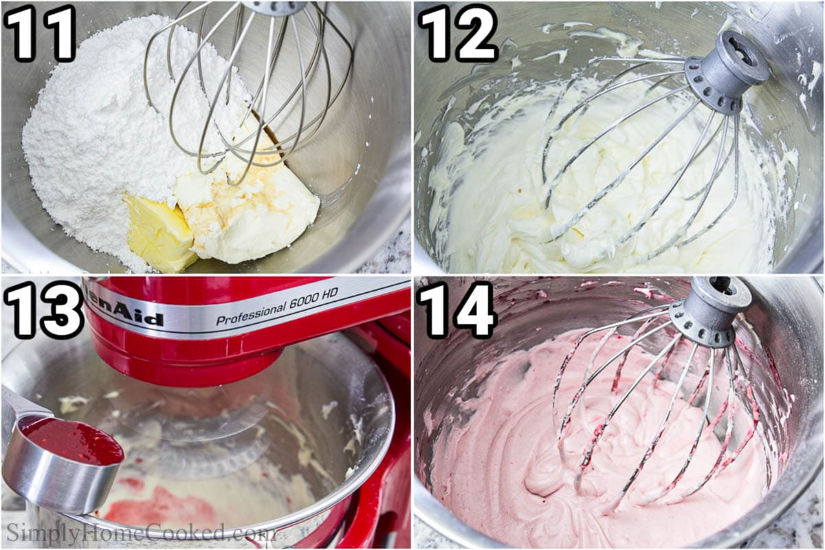Steps to prepare Lemon Raspberry Cupcakes: blend the butter, powdered sugar, vanilla, and crem cheese in a stand mixer, then add the raspberry mixture and mix.