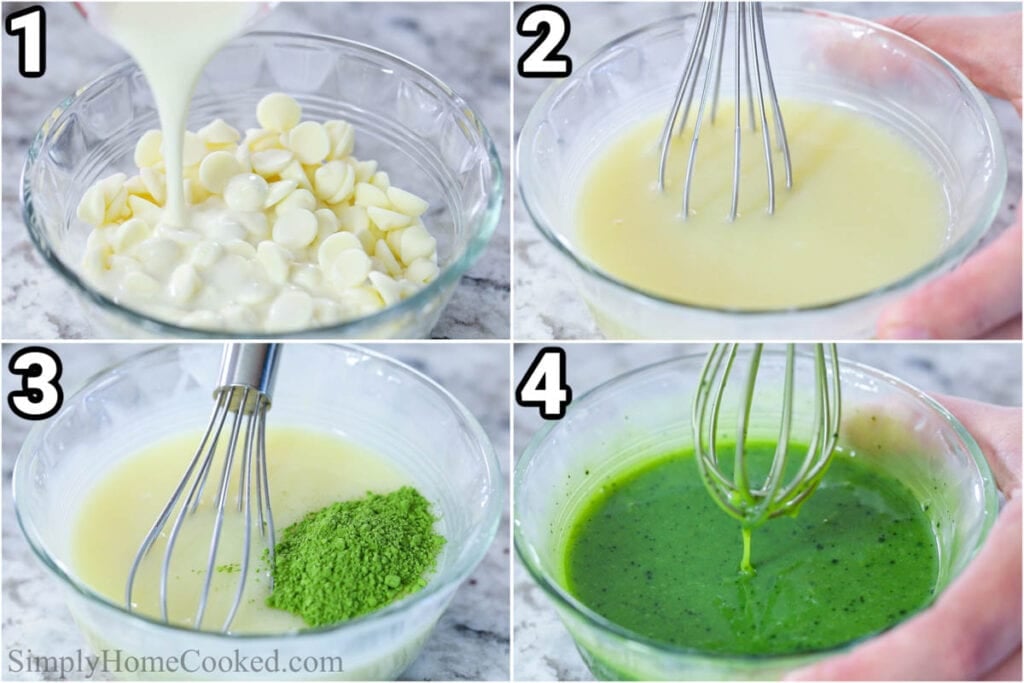 Steps to create Mochi Donuts: prepare the matcha glaze by melting the white chocolate with heavy cream and whisking in the matcha powder.