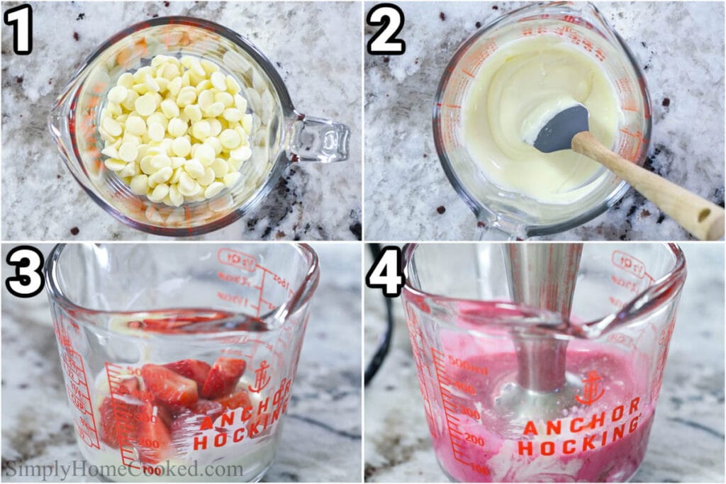 Steps to create Mochi Donuts: prepare the strawberry glaze by melting the white chocolate, adding the strawberries and food coloring, and blending with a stick blender.