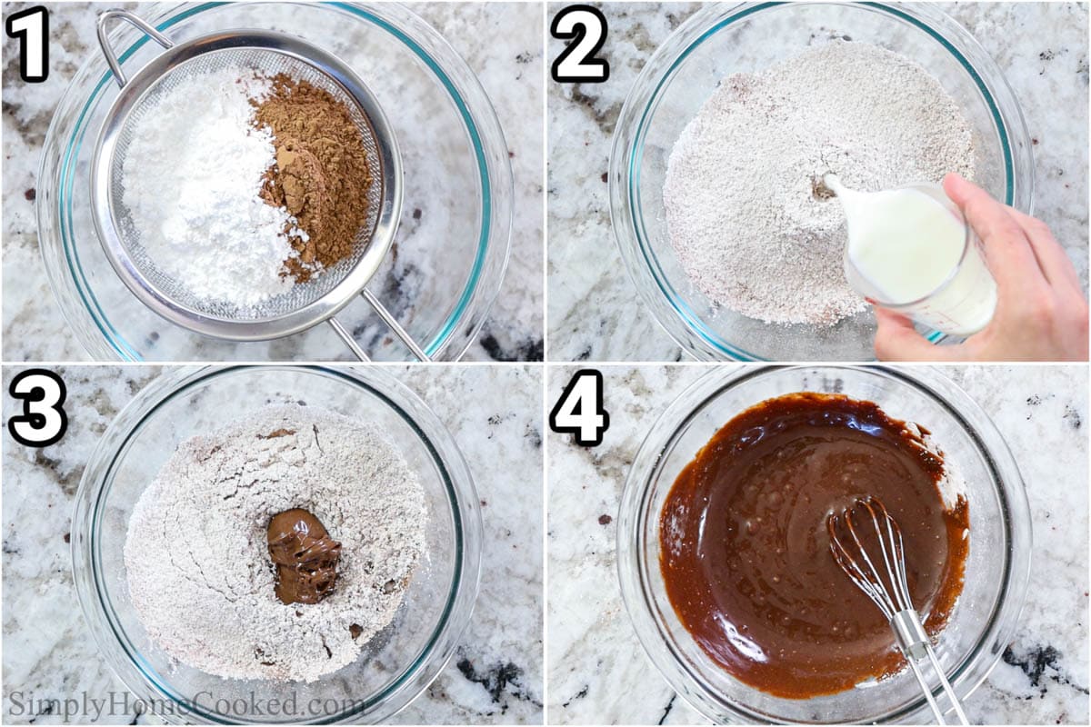 Steps to create Mochi Donuts: prepare the Nutella glaze by sieving the cocoa powder and powdered sugar together, adding the milk, and then the Nutella, mixing everything thoroughly.