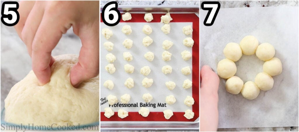 Steps to make Mochi Donuts: shape the dough balls and proceed to create the pon de ring shape.