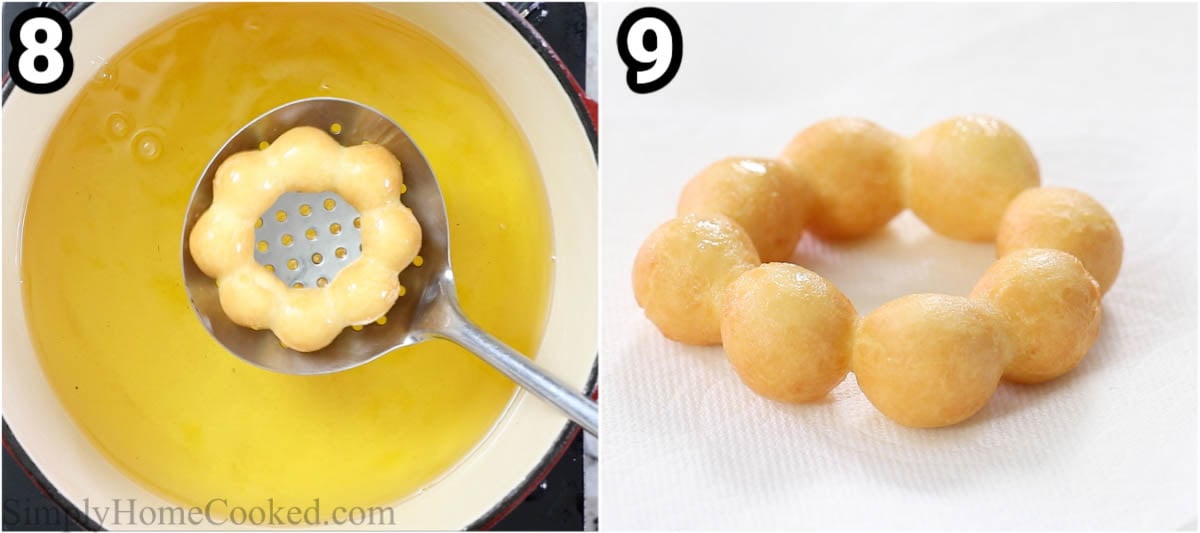 Steps to create Mochi Donuts: fry the donuts in hot oil.