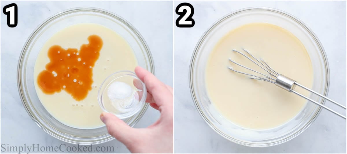 Steps to create Homemade Ice Cream without Churning: mix together the condensed milk, salt, and vanilla in a bowl.