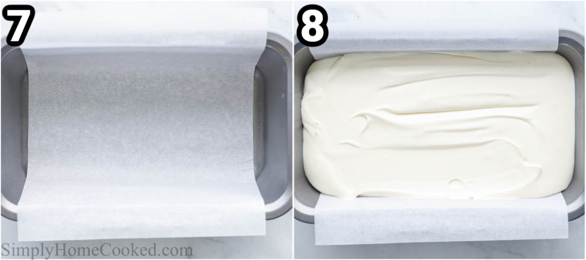 Steps to make Homemade Ice Cream without Churning: pour the concoction into a loaf pan with parchment paper and chill until firm.