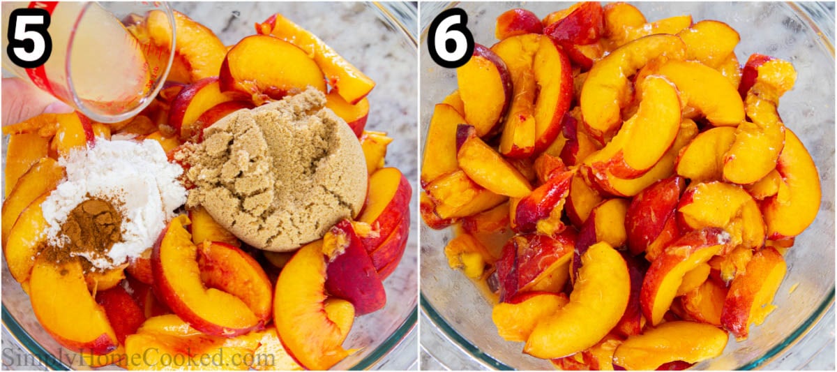Steps for creating this Peach Crisp, including adding the filling ingredients to the peaches and mixing them in a large bowl.