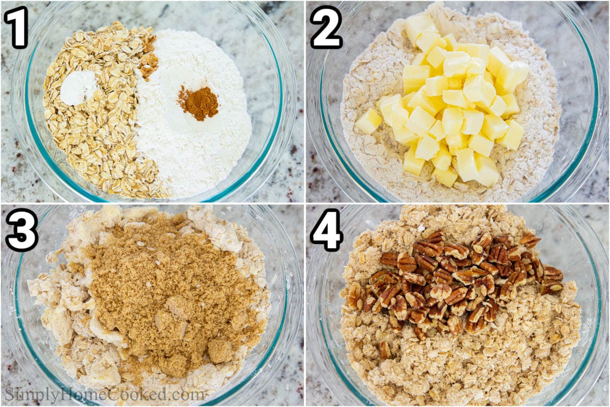 Steps for making this Peach Crisp, including combining the topping ingredients, mixing in the butter with a pastry cutter, and then adding the pecans.