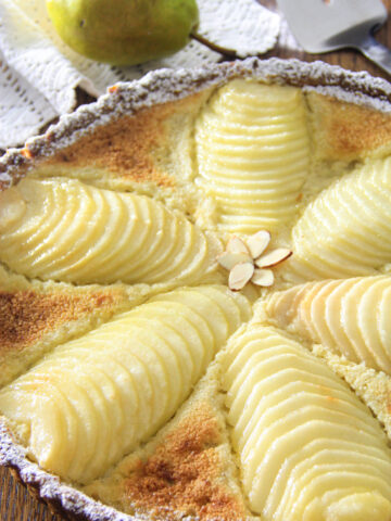 Vertical photograph of a close-up of Pear Tart